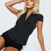Collar Buttoned Polka Dot Print Puff Sleeve Top